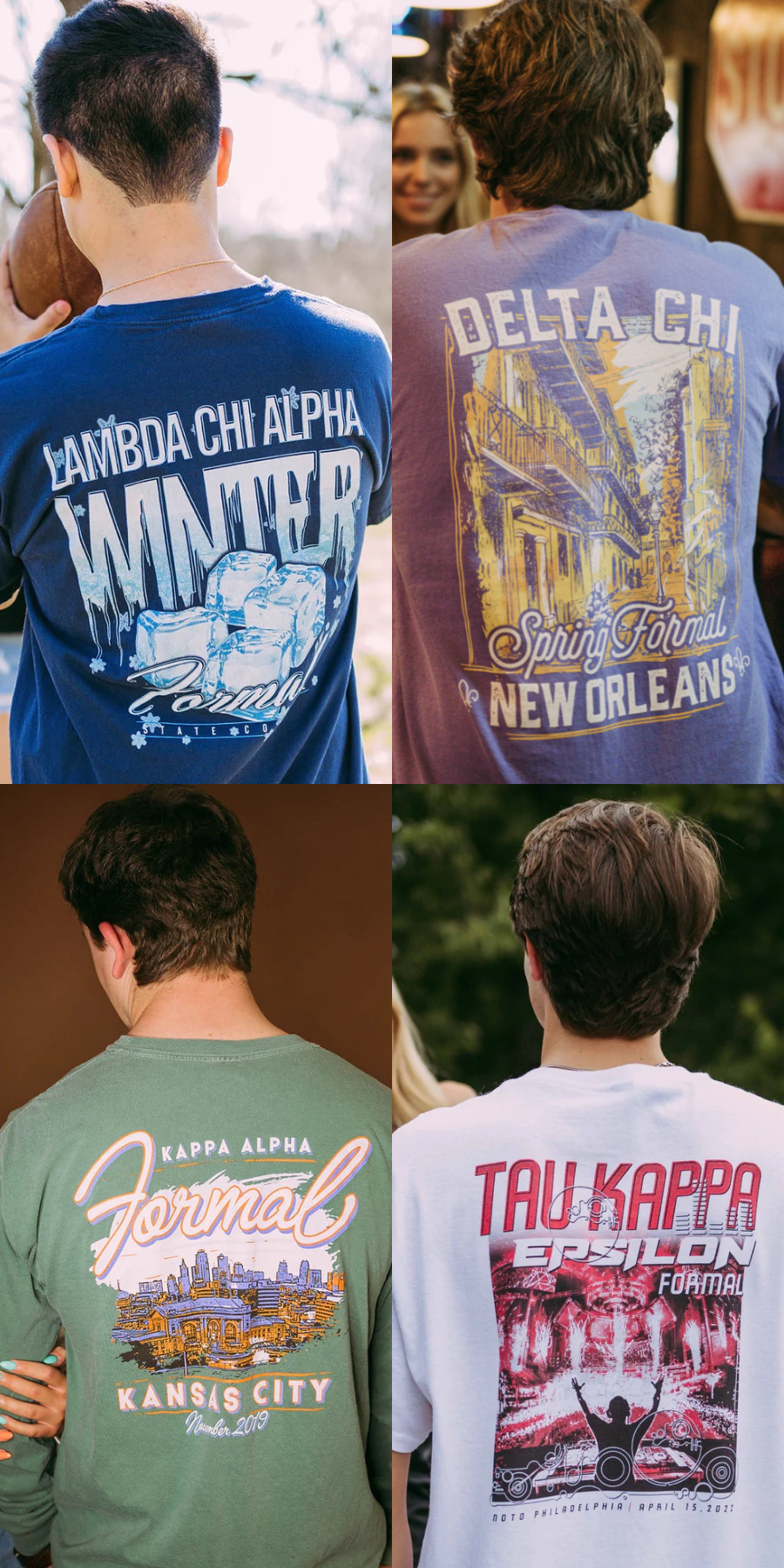 Four boys' backs face the camera wearing various fraternity formal tshirts.