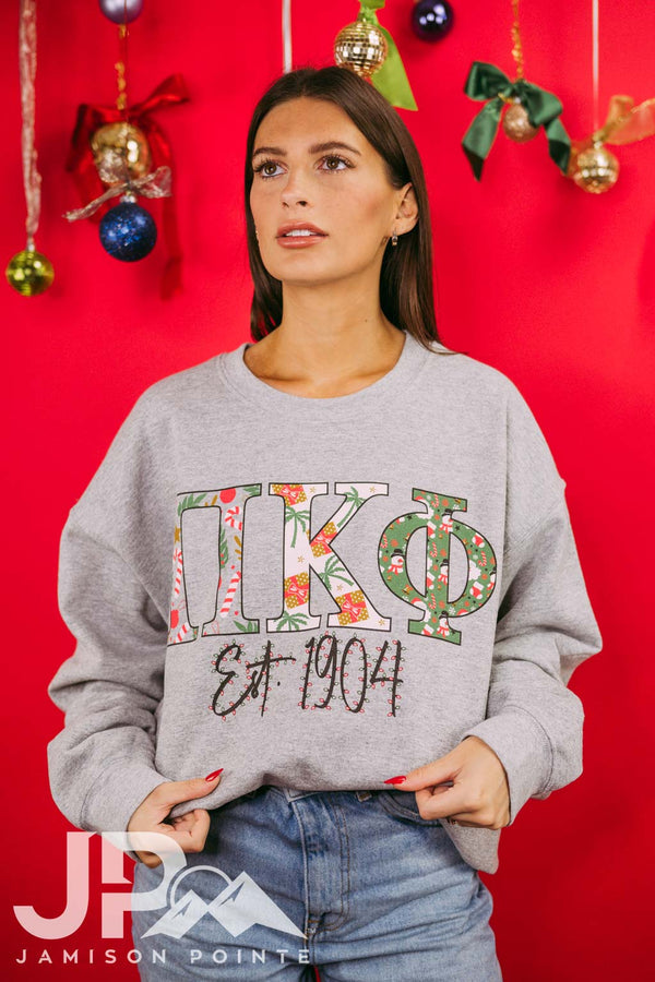 Pi Kappa Phi Holiday Pattered Letters Crewneck - Jamison Pointe