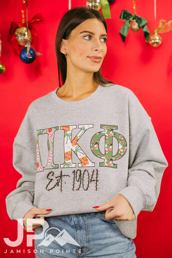 Pi Kappa Phi Holiday Pattered Letters Crewneck - Jamison Pointe